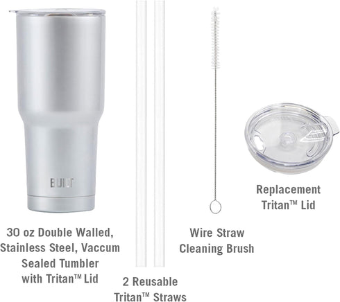 BUILT Double Walled Stainless Steel Tumbler Set with Replacement Lid, 30-ounces, 2 Reusable Tritan Wire Straw Cleaning