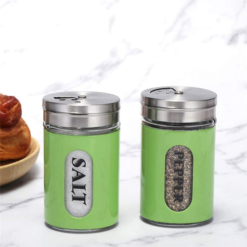 Salt and Pepper Shakers Set, Stainless Steel and Glass with Adjustable Pour Holes (Green)