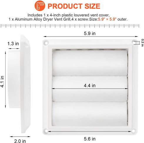 4" Louvered Dryer Vent Cover by Beaquicy - Outdoor White Exhaust Cap with Aluminum Built-in Pest Guard Screen & Screws