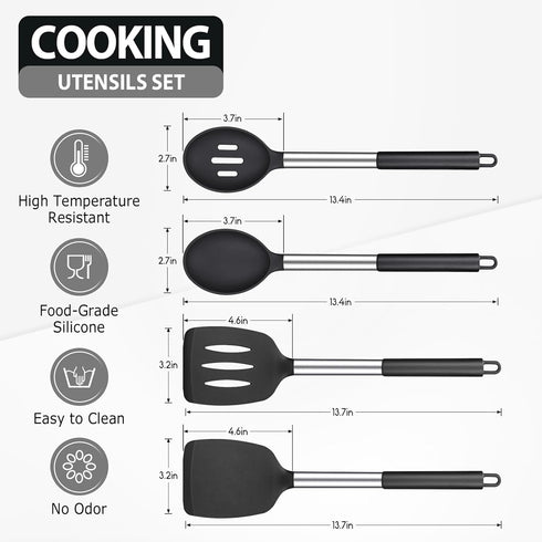 Pack of 4 Large Silicone Cooking Spatulas and Spoons, Slotted and Solid Stainless Steel Cooking Utensils Set, Non-stick Heat Resistant Kitchen for Baking, Fried, Stir-Fry, Mixing, Serving (Black) by DaiRen Kitchen