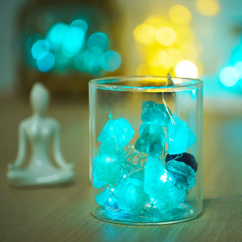 BOHON Natural Fluorite String Lights, Battery Operated with Remote, Sea Glass Raw Stones Decorative Lights 6.5ft 20