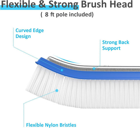 4ft 8ft 18" Swimming Pool Brush with Pole, - Pool Brush Head for Above Ground, Inground Pools, Cleaning Scrubber Tools