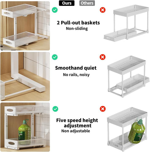 Under Sink Organizer, 2-Tier Pull-Out Cabinet Storage Baskets with Mesh Metal Sliding Drawer (1 Pack White)