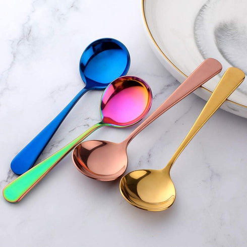 MINGYU 4-Piece Heavy Round Soup Spoons Set, Multicolor Premium Stainless Steel, Mirror Polish & Dishwasher Safe