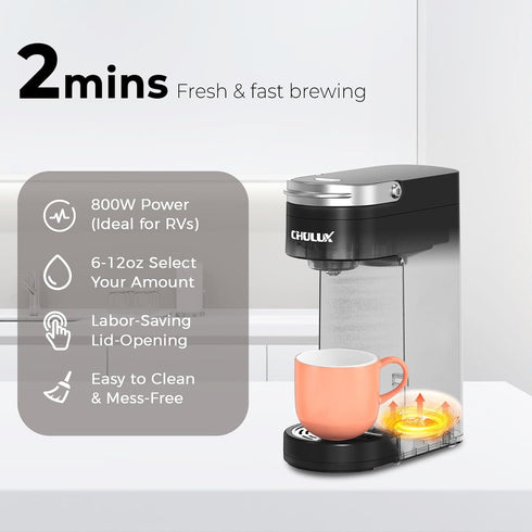 7.3" 6 12oz CHULUX Slim Single Serve Coffee Maker for K Pods, One Cup Coffee Maker Fits Travel Mugs, Coffee Machine