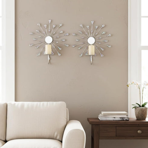 Set 2 Crystal Rhinestone Wall Candle Sconces of Bling Diamond Metal Sunburst Candle Holders Iron Decorative Wall