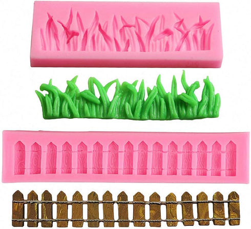 (Set of 2) Green Grass and Garden Picket Fence Silicone Fondant Mold - Chocolate Candy Gumpaste Tool
