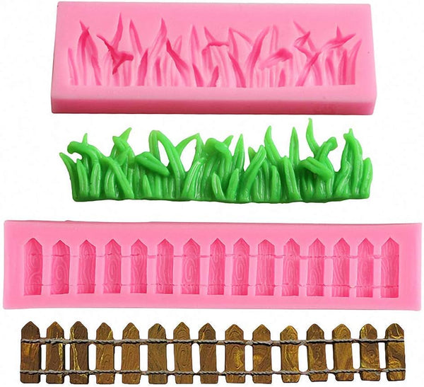 (Set of 2) Green Grass and Garden Picket Fence Silicone Fondant Mold - Chocolate Candy Gumpaste Tool