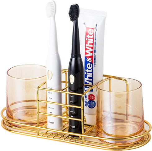 Toothbrush Holder with Cup Holder, Electric Toothbrush Toothpaste Holder, Stainless Steel Bathroom Stand (Gold)