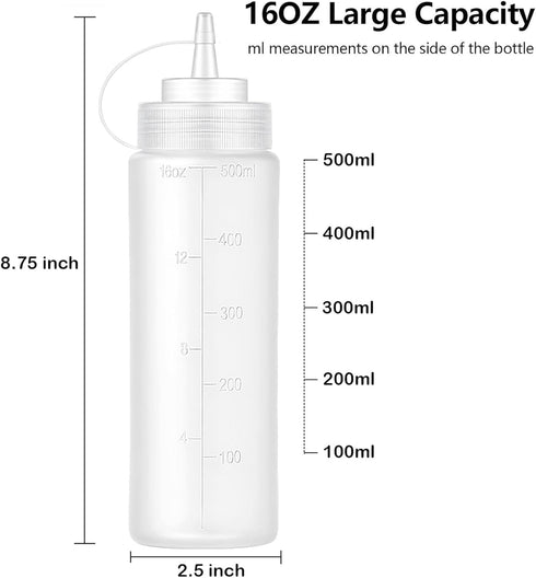 12 pack 16 Oz Bekith Wide Mouth Plastic Squeeze Condiment Bottles with Twist On Cap Lids and Discrete Measurements