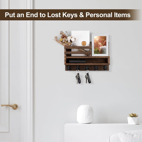 Key and Mail Holder Wall Mount, Key Hanger with Long Storage Box and 5 Hooks for Home Decor Organizer