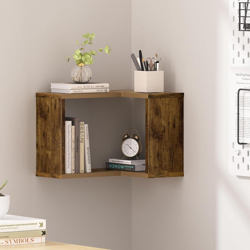 Floating Corner Shelf, 2-Tier Floating Shelf for Wall, Wood Floating Book Shelf