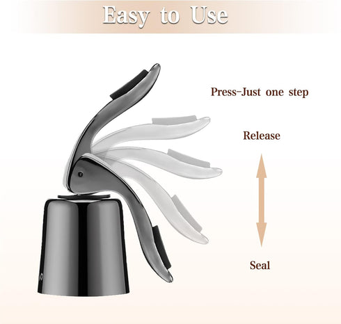 OWO Stainless Steel Wine Bottle Stopper, Reusable Wine Saver with Silicone Seal, Decorative Bottle Sealer (Metal Black,