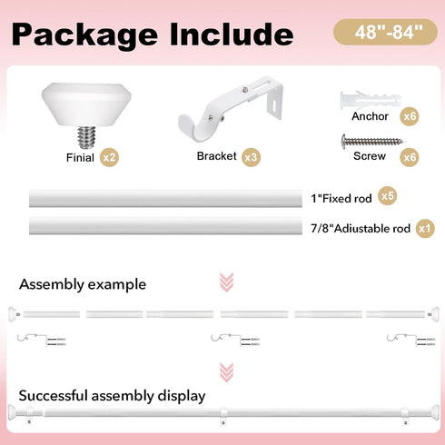 Heavy Duty Curtain Rods for Windows: 1 Inch Adjustable White Curtain Rods for 48 to 84 Inch Windows