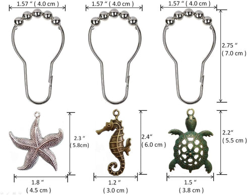 Molika 12PCS Rustproof Metal Shower Curtain Hooks Rings, Starfish Seahorse Turtle Decorative Bathroom Accessories