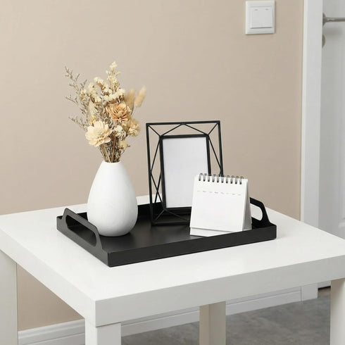 2 Pack Peohud Black Metal Serving Tray, Decorative Coffee Table Tray with Handles, Vanity Platter Breakfast Tray