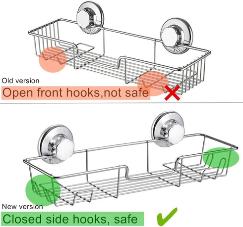 iPEGTOP Strong Suction Cup Shower Caddy, Bath Shelf Storage with 4 Side Hooks, Chrome, 2 Count