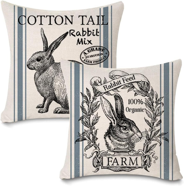 Vintage Farmhouse Bunny Throw Pillow Covers Set of 2 Retro Rabbit Feed Home Décor Cushion Cover 18" X 18"