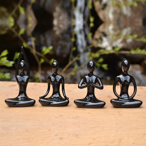 OwMell Lot of 4 Black Meditation Yoga Pose Statue Figurines Ceramic Figure Set Decor