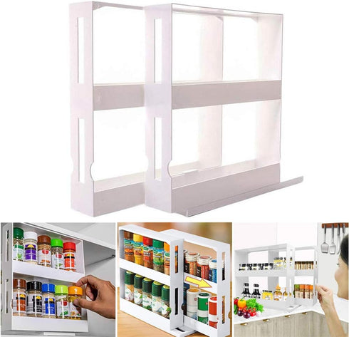 INFILM 2 Tier Spice Rack, Multifunctional Rotating Cupboard Organizer, Swivel Storage Shelf