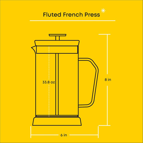 JoyJolt Fluted French Press Coffee and Tea Maker Set, 33.8oz, Stainless Steel, Borosilicate Glass, Portable