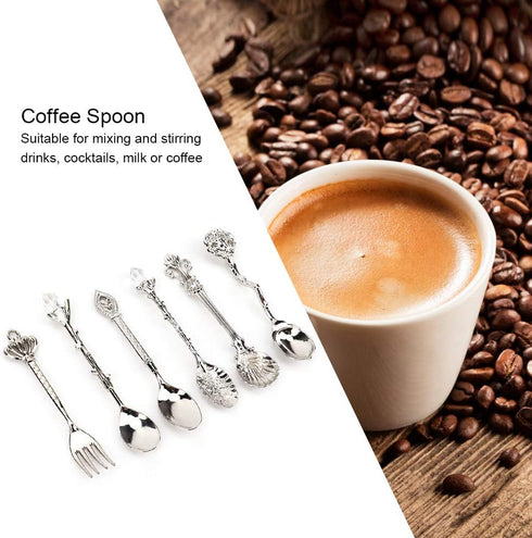 Fdit 6Pcs Vintage Carved Coffee Spoon Set, Retro Zinc Alloy Dessert Cutlery for Kitchen (Silver)