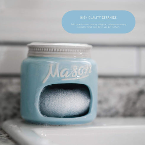 Blue Mason Jars Ceramic Sponge Holder, Kitchen Sink Organizer, Farmhouse Decor for Soap Dish & Scrubber