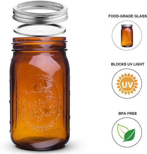 eleganttime 32 oz Amber Glass Mason Jars Wide Mouth with Airtight Lids and Bands, 6 Pack for Canning, Pickle, Fermenting