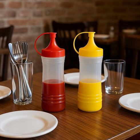 17 oz Set 2-Pack Squeeze Condiment Bottle Mustard & Ketchup Dispensers by Dependable Industries Snap Top, BPA-Free