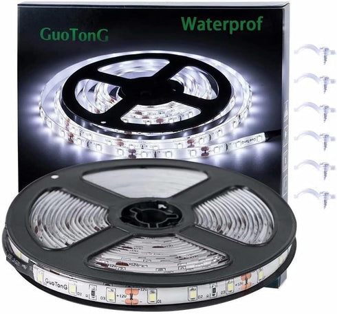 White LED Strip Lights, Waterproof cuttable 300 SMD 2835 LED Tape, 6000K