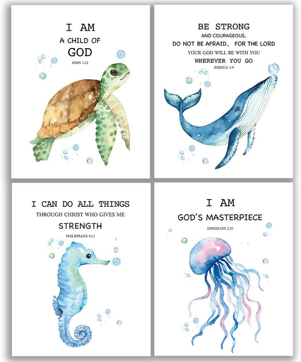SUUURA-OO Scripture Bible Verse Wall Decor Set of 4 (8X10), Watercolor Blue Ocean