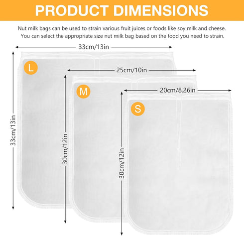 Darlingao 3 Pack (8"x12"/10"x12"/13"x13") Nut Milk Bag Reusable Fine Mesh Nylon Cheese Cloth Strainer Bags