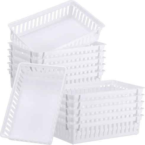 Wenqik Set of 12 Plastic Organizer Bins, 10.24 x 6.5 x 2.36 Inch Rectangular Trays for Desk Organization (White)