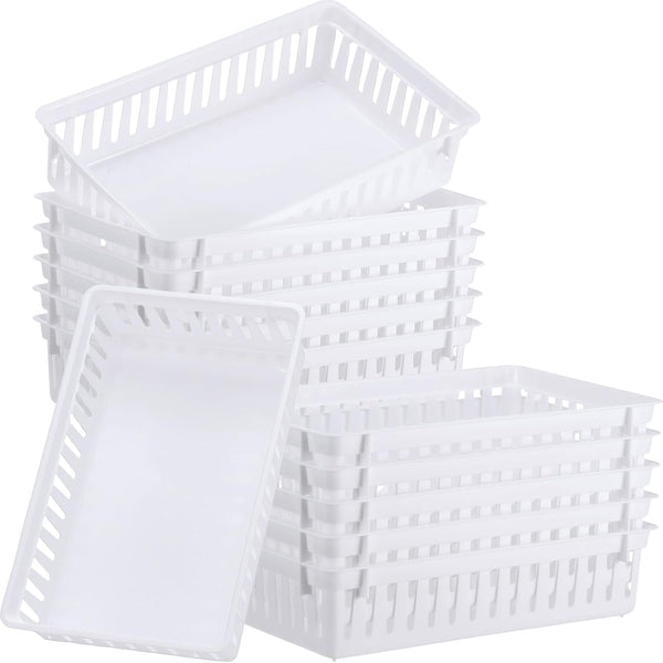 Wenqik Set of 12 Plastic Organizer Bins, 10.24 x 6.5 x 2.36 Inch Rectangular Trays for Desk Organization (White)