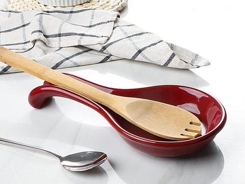 ONEMORE Ceramic Spoon Rest, Extra Wide Heat-Resistant Ladle Holder for Kitchen Counter Utensils, Large, Red