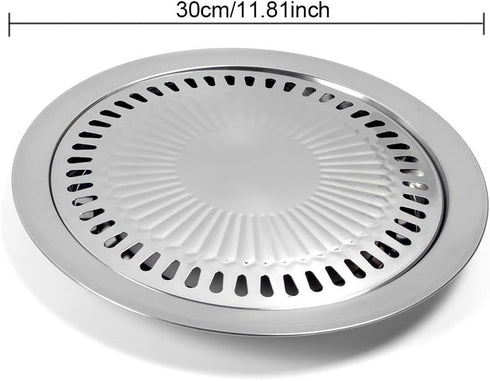 Korean Style BBQ Plate - Smokeless Indoor Stainless Steel Non-Stick Roasting Round Grill Pan for Camping