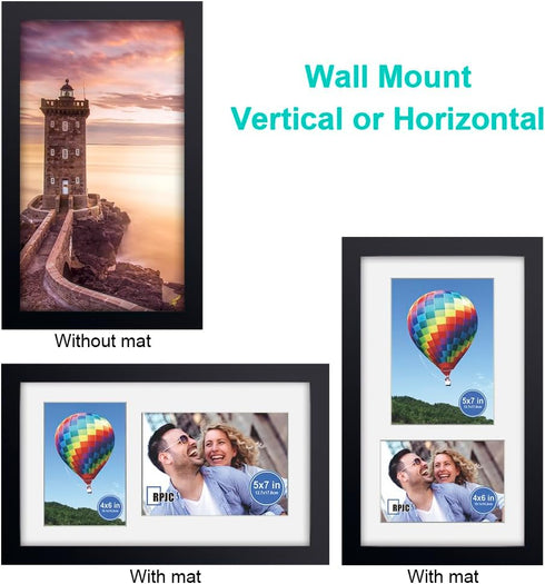 RPJC 8x14 Solid Wood 2 Opening Picture Frames with High Definition Glass, Display 4x6 and 5x7 with Mat or 8x14 Without