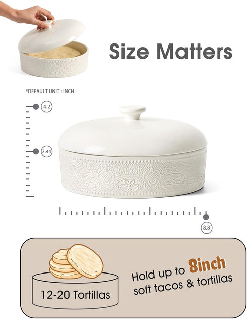 8.8 Inch FE Ceramic Tortilla Warmer,Lace Emboss Tortilla Holder with Lid for Taco Tuesday, Mexican Night and Party,Taco