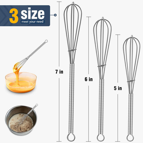 Small Stainless Steel Whisk, Mini Wire Whisk Set of 3, 5in, 6in & 7in for Whisking, Beating, Mixing