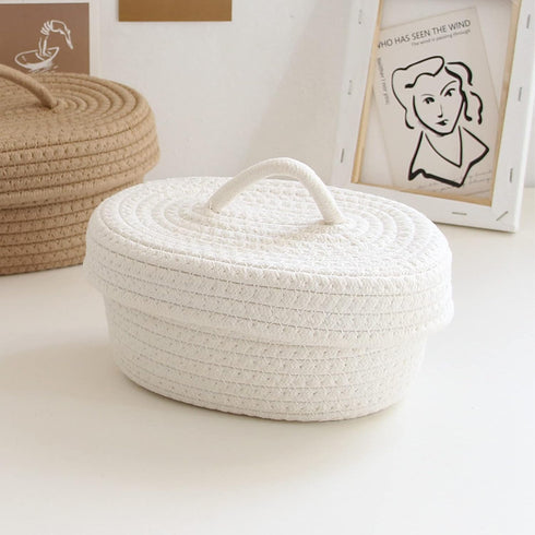 Handmade Cotton Rope Storage Basket with Lid, White Rope Bin for Makeup, Sundries, Snack, Needles - Desktop Storage Box