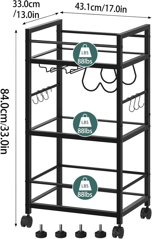 Bar Cart with Wine Rack and Glass Holder, Serving Cart for Home, Mobile Kitchen Shelf, Rolling Beverage Cart in Black