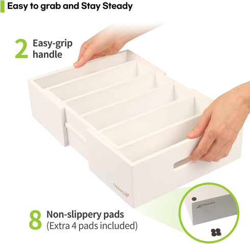 Expandable Kitchen Cabinet Organizer for Food Storage Container Lids, Bamboo Drawer Caddy with Adjustable Dividers