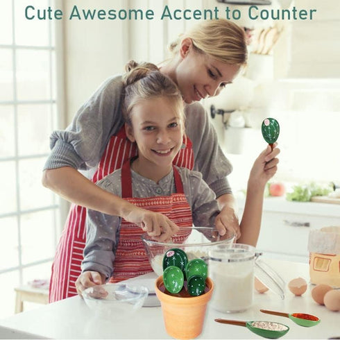 Cactus Measuring Spoons Set in Pot Unique Measuring Cups and Spoons for Coffee Salt Sugar Novelty Cute Baking Gifts Dishwasher Safe Ceramic Measuring Spoons Green by XDONEF