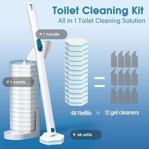 Disposable Toilet Brush with 48 PCS Refills - Toilet Cleaning System, Brush, Storage Caddy, and Refill Heads for