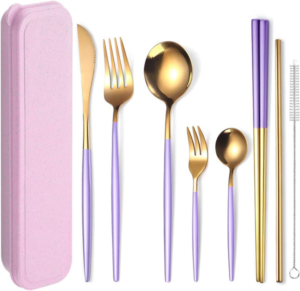 AARAINBOW 8 Pieces Stainless Steel Flatware Set, Portable Reusable Cutlery, Travel Utensils Including Chopsticks,