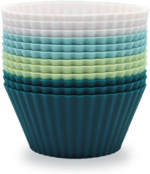Silicone Baking Muffin Cups 12 Pack, Reusable Cupcake Liners, BPA Free, Dishwasher Safe (White, Green, Navy, Dusty Blue)