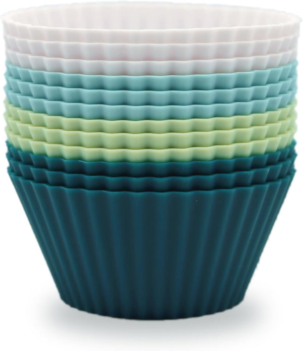 Silicone Baking Muffin Cups 12 Pack, Reusable Cupcake Liners, BPA Free, Dishwasher Safe (White, Green, Navy, Dusty Blue)