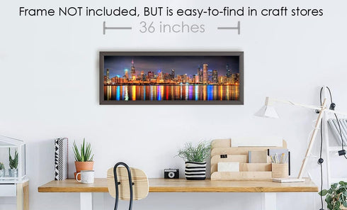 Chicago Skyline 2022 Night Photo Poster Print, BORDERLESS UNFRAMED, Color Downtown, 11.75 x 36 inches