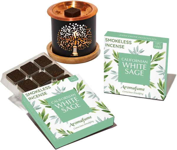 California White Sage Incense Bricks - 2 x 9 Bricks & Tree of Life Exotic Burner by Aromafume for Positivity