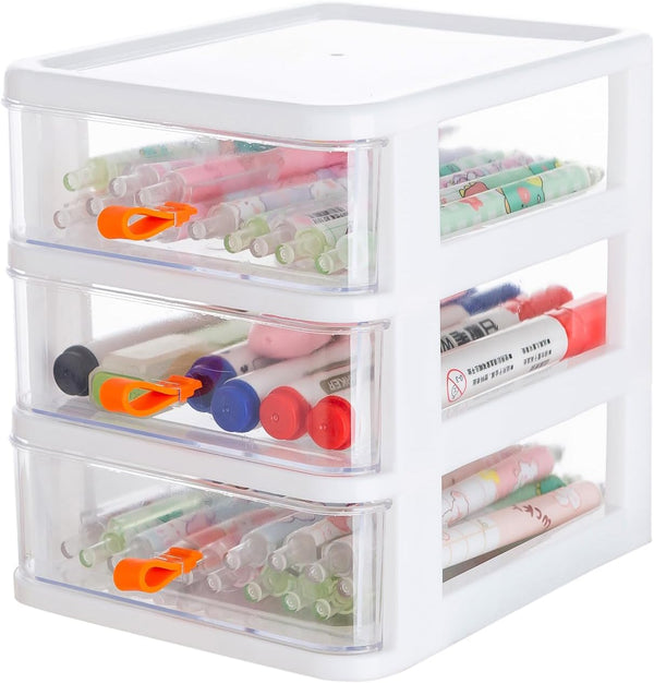 Gagee 3 Drawer Mini Desktop Unit, Clear/White Plastic Dressers for Arts and Crafts, Small Tools, Sewing Accessories